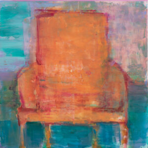 Extinct Series by Elena Zolotnitsky. orange chair oil painting on Mylar mounted and framed.