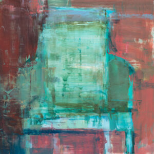 Extinct Series by Elena Zolotnitsky. green chair oil painting on Mylar mounted and framed.