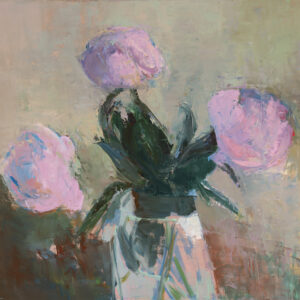 Pink floral oil on mylar original painting by artist, Elena Zolotnitsky