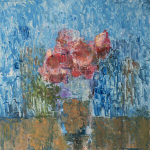 Pink and magenta floral oil painting on blue background by Elena Zolotnitsky