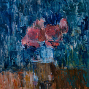 Floral and blue oil painting on mylar panel mounted and framed by Elena Zolotnitsky