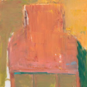 Extinct Series by Elena Zolotnitsky. orange chair oil painting on Mylar mounted and framed.