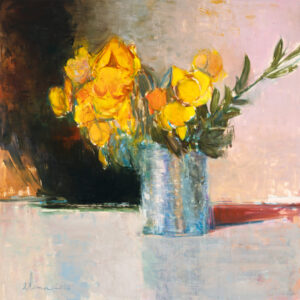 Love in the tin, yellow floral oil painting on mylar by Elena Zolotnitsky