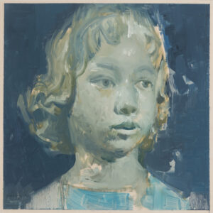 remake, frame oil on mylar by Elena Zolotnitsky, vintage blue artwork with young girl