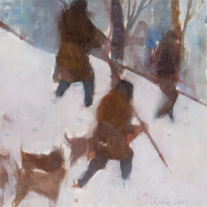 Hunters First Snow by Elena Zolitnitsky. Framed original artwork of hunters in the snow.