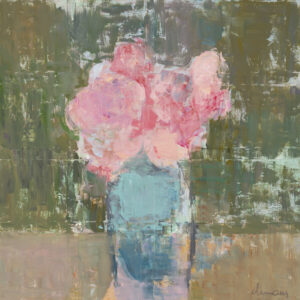 Oil Painting by Elena Zolotnitsky. Pink floral oil painting with muted background.