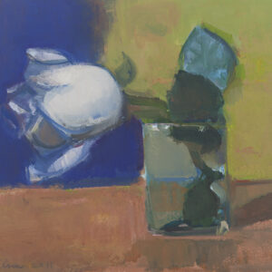 White Rose by Elena Zolotnitsky. Oil painting of white rose on blue and yellow background on paper